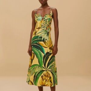 Farm Rio Yellow Bananart 3d Bodice Midi Dress